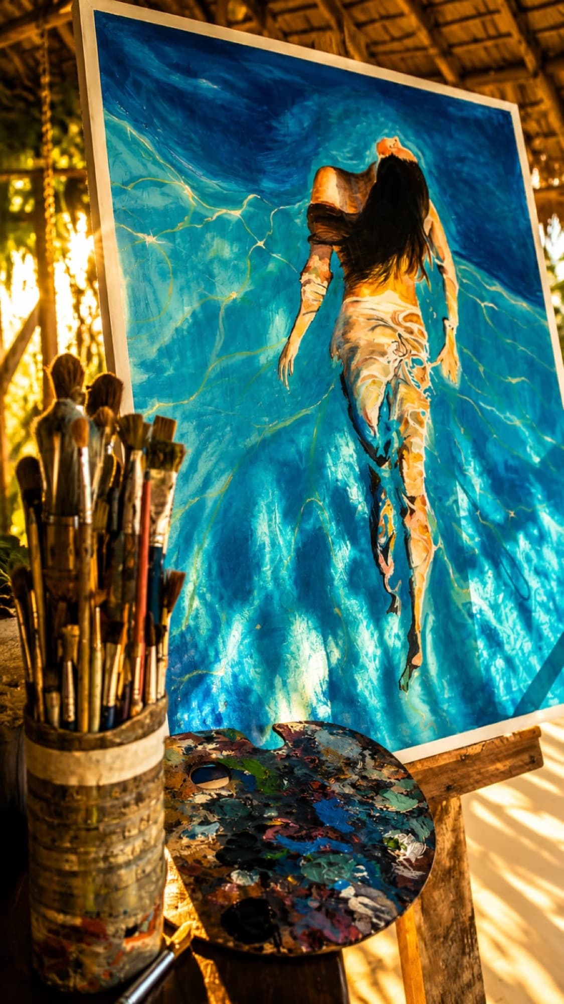 La peinture d'une femme nageant dans une eau turquoise, posée sur un chevalet dans l'atelier de Zago, baignée par la lumière dorée de la fin de journée, un pot de pinceaux et une palette chargée de couleurs au premier plan.